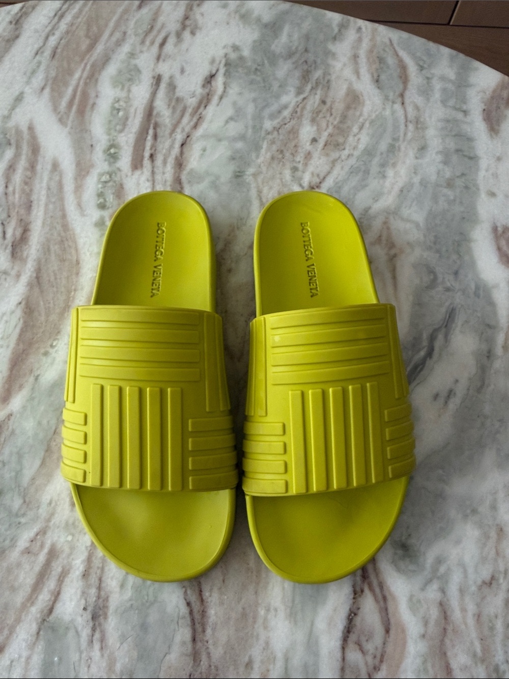 Bottega Veneta Neon Yellow Ribbed Slide Sandals